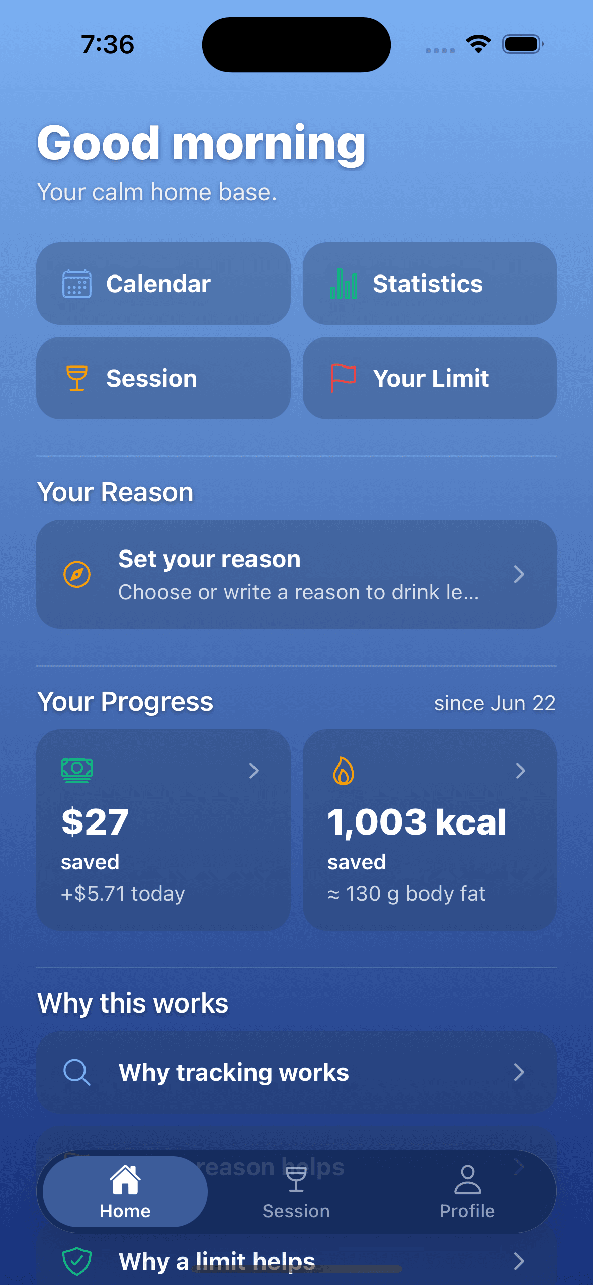 GlassCount home screen showing money and calories saved